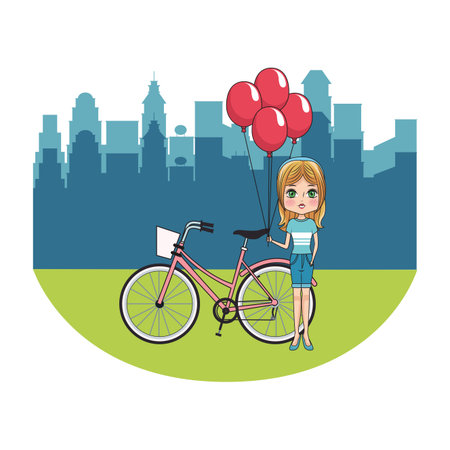 Fashion girls with bike at city scenery cartoon vector illustration graphic designのイラスト素材