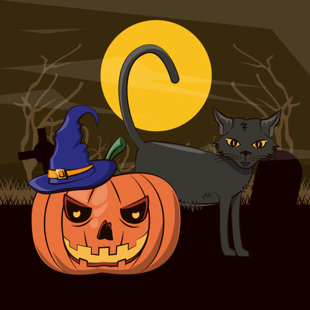 Halloween scary scenery cartoons with full moon vector illustration graphic designのイラスト素材