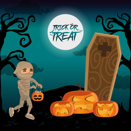 Kid with halloween costumes at scary scenery vector illustration graphic designのイラスト素材