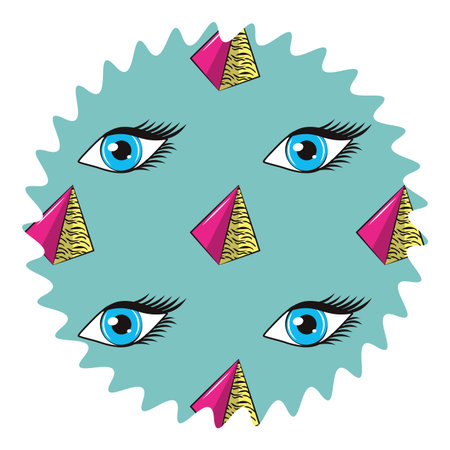 90s eyes and pyramids round label stamp vector illustration graphic designのイラスト素材