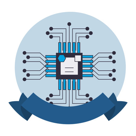 Microchip technology symbol round emblem with blank ribbon banner vector illustration graphic designのイラスト素材