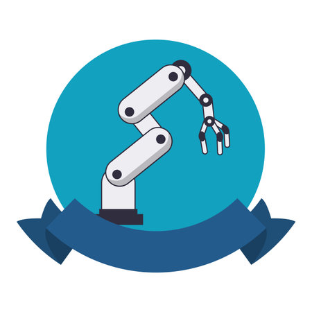 Robot arm technology round emblem with blank ribbon banner vector illustration graphic designのイラスト素材