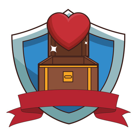 Chest with heart videogame cartoon on shield with blank ribbon banner emblem vector illustration graphic designのイラスト素材
