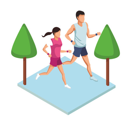 Fitness couple running avatar ar park isometric vector illustration graphic designのイラスト素材