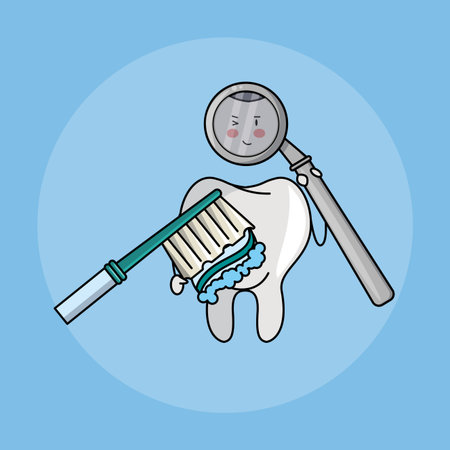 Dental care and hygiene teeth with tools cute cartoons vector illustration graphic designのイラスト素材