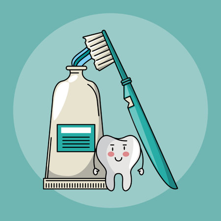 Dental care and hygiene teeth with tools cute cartoons vector illustration graphic designのイラスト素材