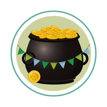 Irish pot with coins round emblem with pennants vector illustration graphic designのイラスト素材
