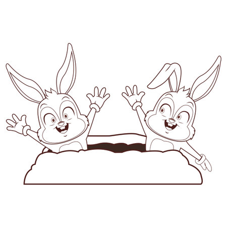 Rabbit couple in ground cartoons brown and white lines vector illustration graphic designのイラスト素材
