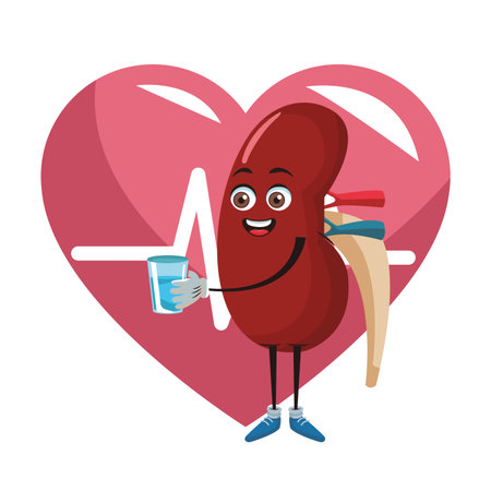 Kidney glass water funny cartoon over medical heart symbol vector illustration graphic designの写真素材