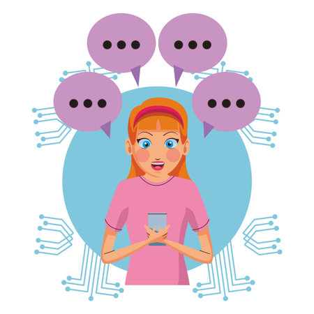 Woman texting with smartphone over microcircuit background vector illustration graphic designのイラスト素材