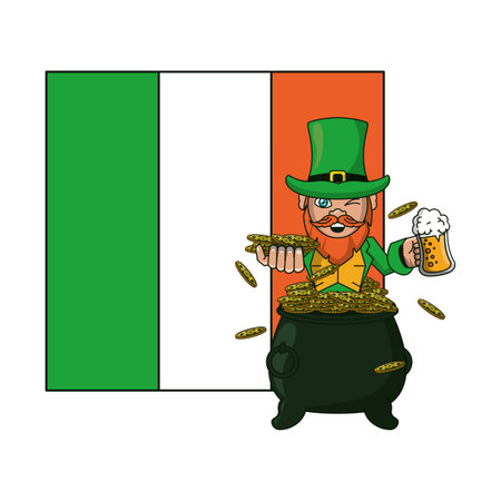 Irish elf with pot coins and beer cup cartoons, over ireland flag vector illustration graphic designのイラスト素材