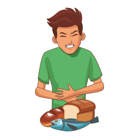 Young man with stomach ache and food vector illustration graphic designのイラスト素材