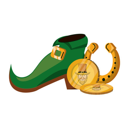 St patricks day elf boot coins and horseshoe cartoons vector illustration graphic designのイラスト素材