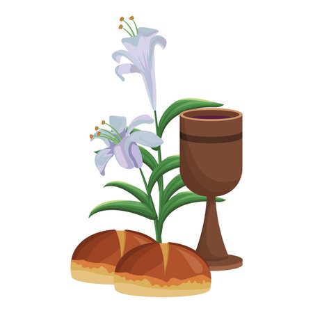 Christian chalice and breadswith flowers elements and symbols vector illustration graphic designのイラスト素材