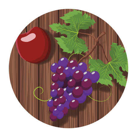 Grapes and apple fruit on wooden table round icon vector illustration graphic designのイラスト素材