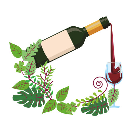 Wine bottle serving on cup with leaves wreath vector illustration graphic designのイラスト素材