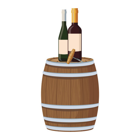 Wine bottles and corkscrew on barrel vector illustration graphic designのイラスト素材