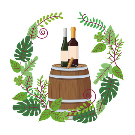 Wine bottles on barrel with leaves wreath vector illustration graphic designのイラスト素材