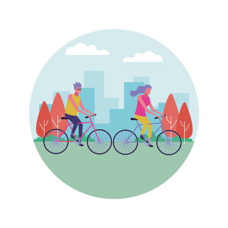 young friends riding bicycle through city park vector illustration graphic designのイラスト素材