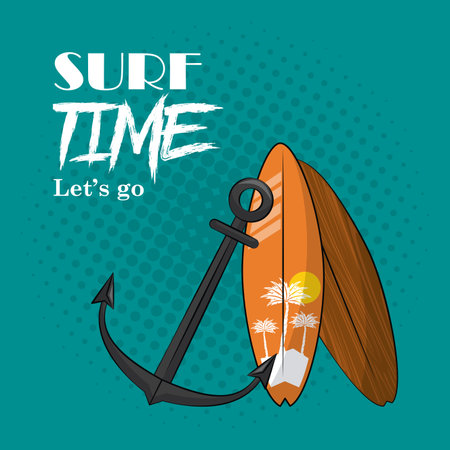 surf time tropical theme with anchor and elements poster vector illustration graphic designのイラスト素材
