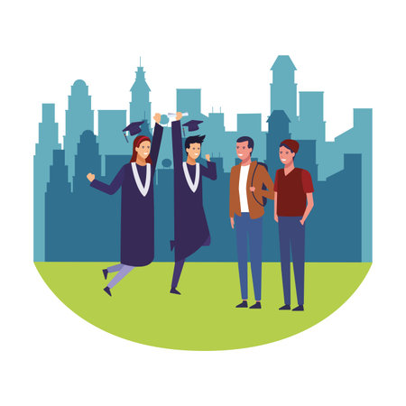 Student with family on graduation celebration cartoon over cityscape background vector illustration graphic designのイラスト素材