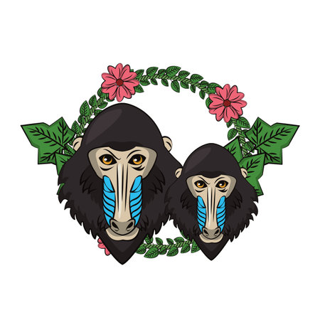 Mandrill face cool sketch wild animal on leaves and flowers wreath vector illustration graphic designのイラスト素材