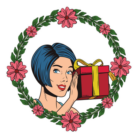 Pop art short hair woman with giftbox cartoon on leaves and flowers wreath vector illustration graphic designのイラスト素材