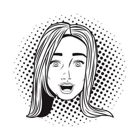 Pop art surprised woman cartoon face in black and white vector illustration graphic designのイラスト素材