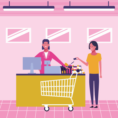 Customers buying products at supermarket cartoons vector illustration graphic designのイラスト素材