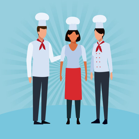 Restaurant chefs teamwork avatar over striped blue background vector illustration graphic designのイラスト素材