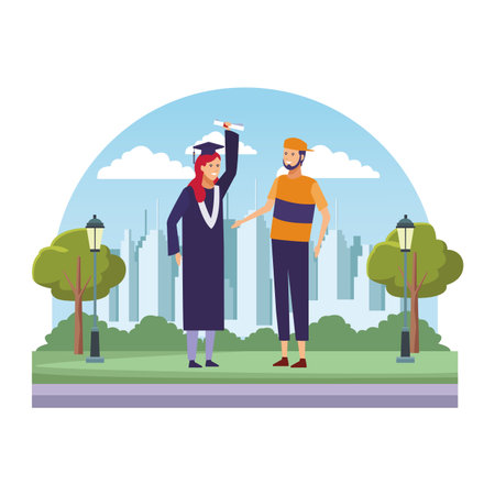 Student with gown on graduation celebration on cityscape cartoons vector illustration graphic designのイラスト素材