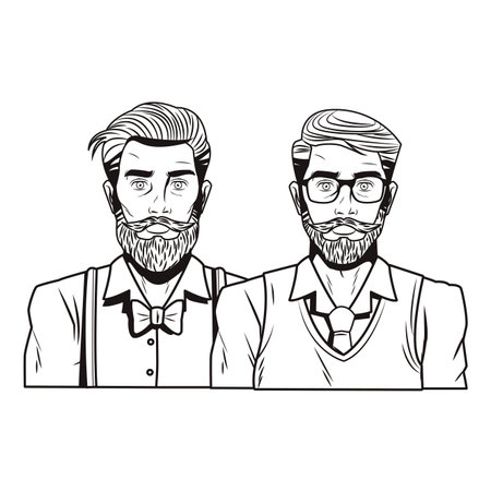 Pop art hipster men couple cartoon in black and white vector illustration graphic designのイラスト素材