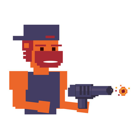 Videogame pixelated gangster with handgun character vector illustration graphic designのイラスト素材