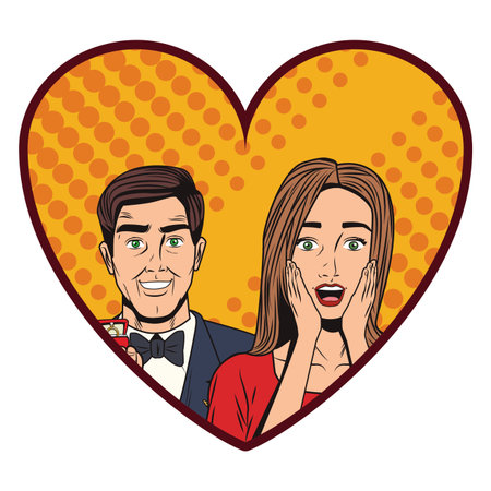 Pop art couple cartoon inside heart shaped frame vector illustration graphic designのイラスト素材