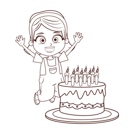 Girl birthday party with cake cartoon in black and white vector illustration graphic designのイラスト素材