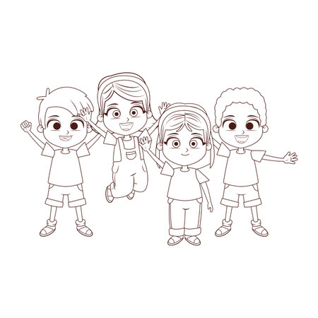 Happy kids car jumping cartoon in black and white vector illustration graphic designのイラスト素材