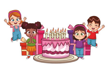 Kids birthday party with cake and gifts cartoon vector illustration graphic designのイラスト素材