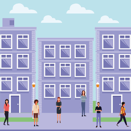 Young People in the city scenery vector illustration graphic designのイラスト素材