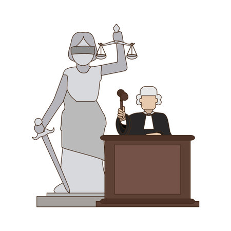 Judge talking on podium and justice lady statue vector illustration graphic designのイラスト素材