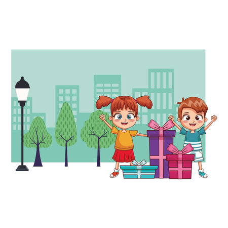 Kids birthday party with gift boxes at city scenery cartoon vector illustration graphic designのイラスト素材