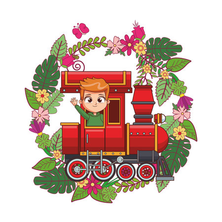 Kid riding train on leaves and flowers wreath cartoon vector illustration graphic designのイラスト素材