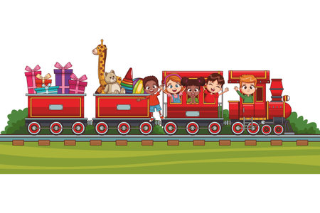 Happy birthday kids celebration party on train vector illustration graphic designのイラスト素材
