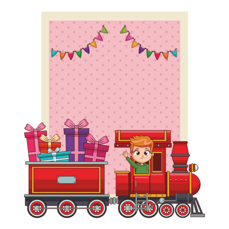Happy birthday boy driving train with gift boxes card vector illustration graphic designのイラスト素材
