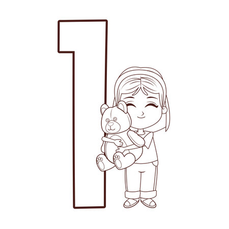 girl closed eyes hugging bear number one vector illustration graphic designのイラスト素材