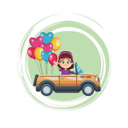happy girl driving car whit heart globes cute cartoons vector illustration graphic designのイラスト素材