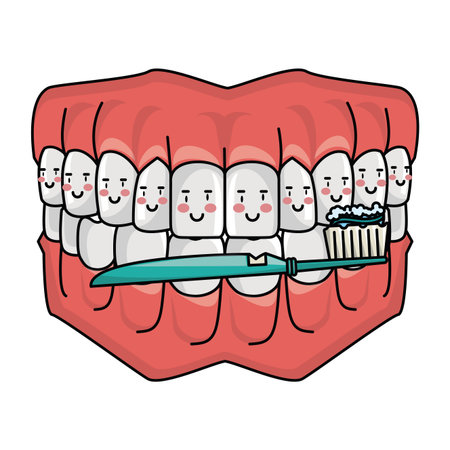 cartoon dental care smiling denture with toothbrush cartoon vector illustration graphic designのイラスト素材