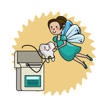 dental care tooth fairy flying over floss with tooth cartoon vector illustration graphic designのイラスト素材