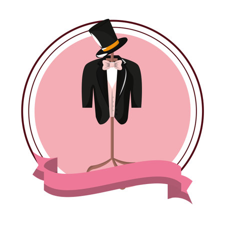 Groom wedding smoking and hat round icon with blank ribbon banner vector illustration graphic designのイラスト素材