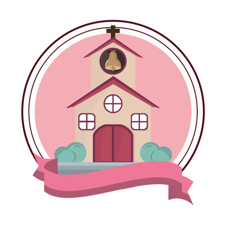 Chruch building cartoon isolated round icon with blank ribbon banner vector illustration graphic designのイラスト素材