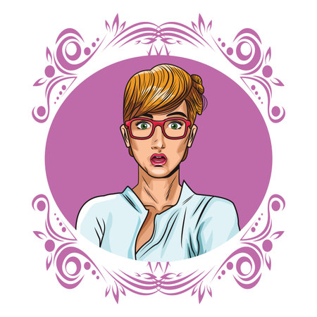 Pop art woman with glasses cartoon on vintage round frame vector illustration graphic designのイラスト素材